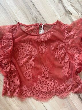 Free people Mesh Lace Short Sleeve Top in Rose Red